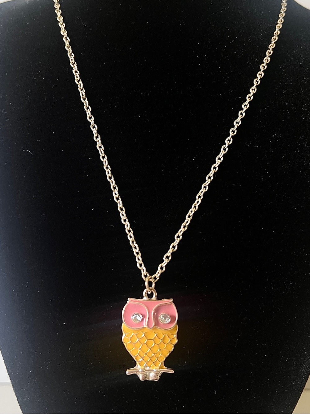 Dainty Owl Pendant Necklace Retro Girly Pink & Yellow Enamel on Silver Tone 18”